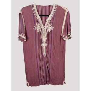 Boho Festival Artisan Embroidered Cotton Tunic Top Pink Stripe XS S